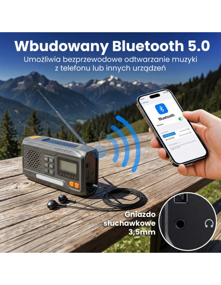 Extralink Radio Awaryjne Bluetooth Solarne Z Korbka Dynamo Powerbank 4000Mah Z Latarka Sos Bt-4000 Przenośny Analogowe I Cyfrowe