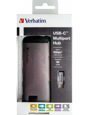 Verbatim Multiport Usb-C 3.1, 3X Usb 3.0, Hdmi 4K, Rj45, Sd/Micro Sd 49142