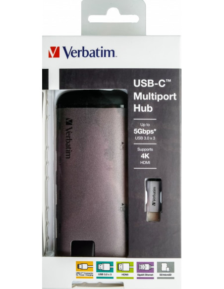 Verbatim Multiport Usb-C 3.1, 3X Usb 3.0, Hdmi 4K, Rj45, Sd/Micro Sd 49142