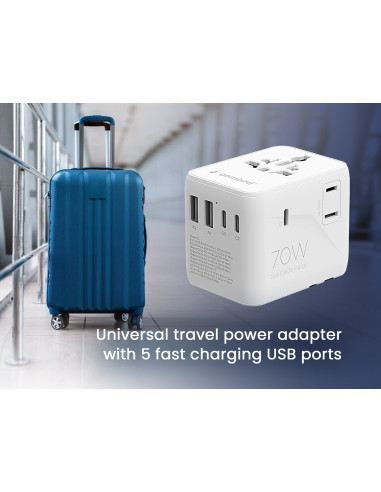 Gembird Tpa-2A3C70-01-W Uniwersalny Adapter Podróżny 70 W, Biały