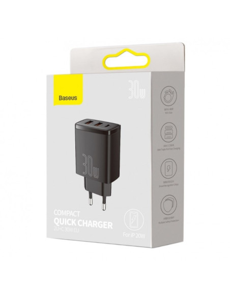 Ładowarka Sieciowa Baseus Compact Quick Charger, 2Xusb, Usb-C, Pd, 3A, 30W (Czarna)