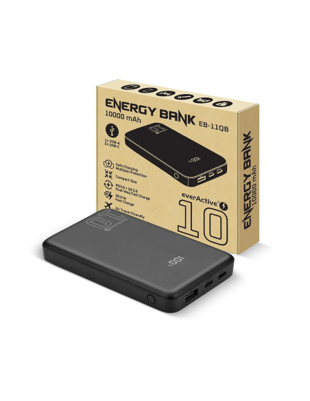 Everactive Powerbank 10 000Mah, 1X Usb, 2X Usb-C, 20W, Qc4+, Wyświetlacz Lcd, Czarny Eb-11Qb