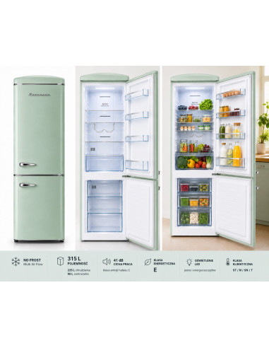 Lodówka Retro Ravanson Lkk-315Rm 597Mm X 707Mm X 1943 Mm | 315L | Total No Frost | Klasa E | Miętowy