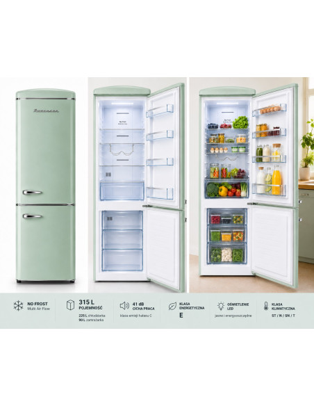 Lodówka Retro Ravanson Lkk-315Rm 597Mm X 707Mm X 1943 Mm | 315L | Total No Frost | Klasa E | Miętowy