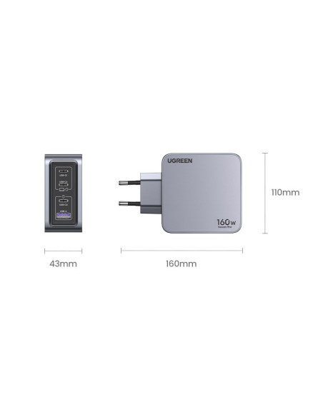 Ugreen Nexode Pro 160W Gan Charger With Usb-C Cable Uniwersalne Czarny, Szary Prąd Przemienny Szybkie Ładowanie Wewnętrzna