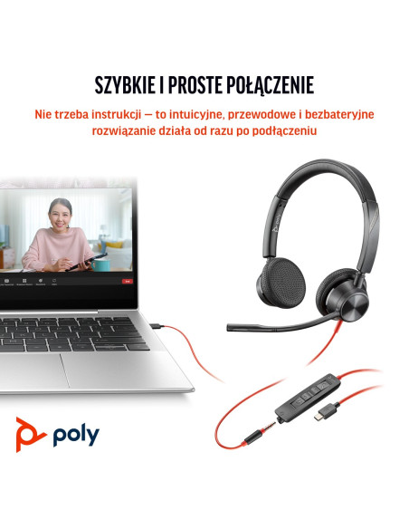 Hp Poly Zestaw Słuchawkowy Stereo Poly Blackwire 3325 Usb-C Z Certyfikatem Microsoft Teams + Wtyczka 3,5 Mm + Przejściówka Usb-C