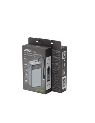 Gembird Powerbank Z Szybkim Ładowaniem 65 W I Zintegrowanymi Kablami 20000 Mah, Czarny