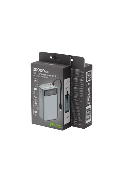 Gembird Powerbank Z Szybkim Ładowaniem 65 W I Zintegrowanymi Kablami 20000 Mah, Czarny
