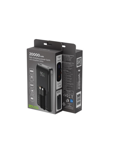 Gembird Powerbank O Pojemności 20000Mah, Szybkie Ładowanie 20W, Wyświetlacz Lcd, Zintegrowane Kable Kolor Czarny