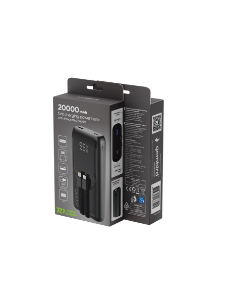 Gembird Powerbank O Pojemności 20000Mah, Szybkie Ładowanie 20W, Wyświetlacz Lcd, Zintegrowane Kable Kolor Czarny