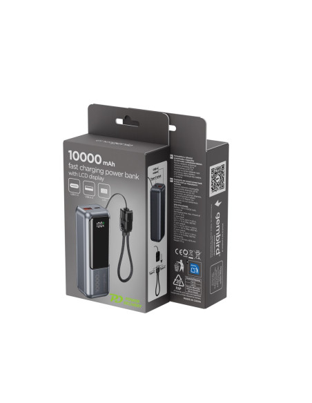 Gembird Powerbank O Pojemności 10000Mah, Wyświetlacz Lcd, Szybkie Ładowanie 20W, Kolor Szary