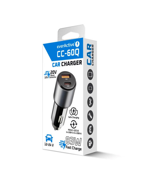 Everactive Ładowarka Samochodowa 1 X Usb Qc3.0, 1 X Usb-C Pd 83W Czarna Cc-60Q