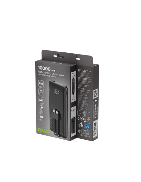 Gembird Powerbank O Pojemności 10000Mah Z Wyświetlaczem Lcd Zintegrowanymi Kablami Szybkim Ładowaniem Qc3.0 20W