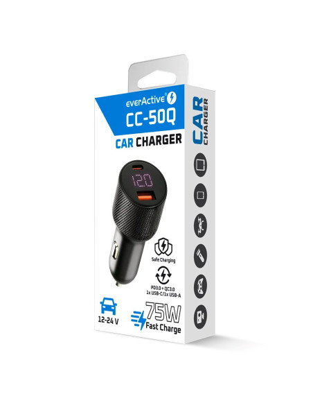 Everactive Ładowarka Samochodowa 1X Usb Qc3.0, 1 X Usb-C Pd 75W Czarna Cc-50Q