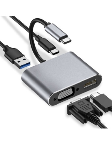 Hub Usb Typ-C 4W1 Usb 3.0 + Pd 100W + Hdmk 4K30Hz + Vga Fullhd