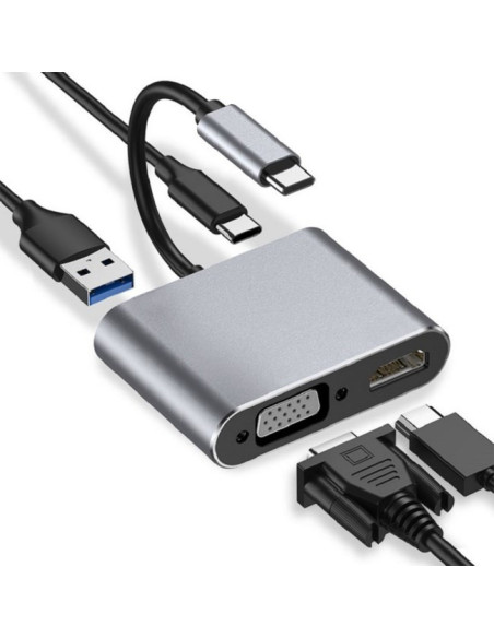 Hub Usb Typ-C 4W1 Usb 3.0 + Pd 100W + Hdmk 4K30Hz + Vga Fullhd
