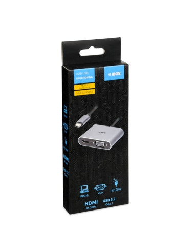 Hub Usb Typ-C 4W1 Usb 3.0 + Pd 100W + Hdmk 4K30Hz + Vga Fullhd