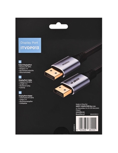 Kabel Displayport 4K60Hz Złota Wtyczka 3M