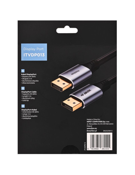 Kabel Displayport 4K60Hz Złota Wtyczka 3M