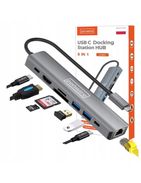 Hub Usb-C Przejściówka Adapter 8W1 Hdmi 2.0 4K 60 Hz Gigabit Ethernet 1000 Mbps Zenwire Hub81