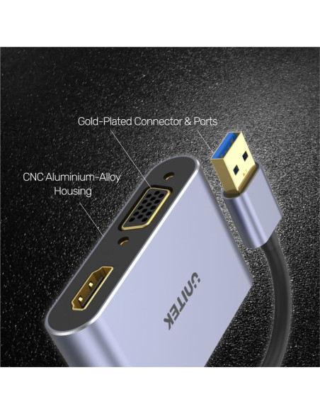 Unitek V1304A Adapter Kablowy 0,15 M Usb Typu-A Hdmi + Vga (D-Sub) Szary