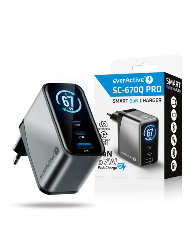Everactive Ładowarka Sieciowa Gan 1 X Usb, 2 X Usb-C Quick Charge 4+ 67W Czarna Sc-670Q