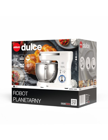 Eldom Robot Planetarny Wrk1300 Dulce, 1300W, 5L , Try Końcówki Do Ubujania, Miszania, Ugniataniw, Wyjmowana Metalowa Misa