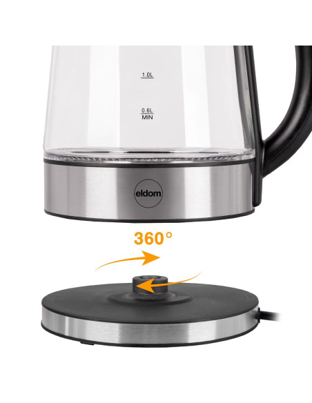 Eldom Szklany Czajnik Bezprzewodowy C420 Ketty 1850-2200W 1,7L Filtr Siatkowypodświetlany Zbiornik, Płyta Grzejna