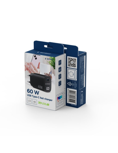 Gembird 1-Portowa Szybka Ładowarka Sieciowa (Pd) Usb Typ - C, 60W, Lcd, Czarna