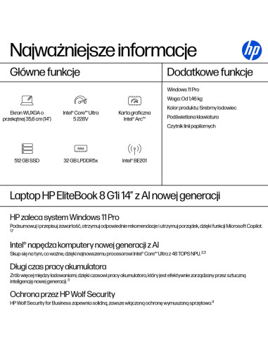 Hp Elitebook 8 G1I Next Gen Ai Pc Copilot+ Pc Intel Core Ultra 5 228V Laptop 35,6 Cm (14") Wuxga 32 Gb Lpddr5X-Sdram 512 Gb Ssd 