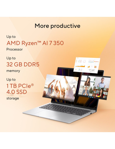 Asus Vivobook 16 M1607Ka-Mb164W Ryzen Ai 5 330 16.0"Wuxga Ips-Level Panel 60Hz 300Nits Ag 16Gb Ddr5 Ssd512 Radeon Graphics Wlan+