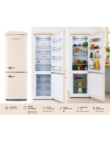 Lodówka Retro Ravanson Lkk-315Rc 597Mm X 707Mm X 1943 Mm | 315L | Total No Frost | Klasa E | Kremowy