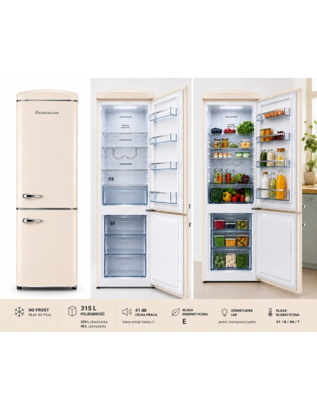 Lodówka Retro Ravanson Lkk-315Rc 597Mm X 707Mm X 1943 Mm | 315L | Total No Frost | Klasa E | Kremowy