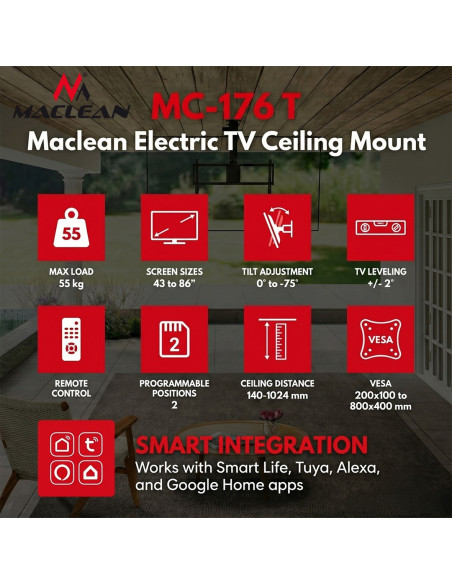Maclean Uchwyt Elektryczny Do Tv, Sufitowy, Obsługa Tuya, Max. Vesa 800X400, Dla Tv 43-86", Max. 55Kg Mc-176 T