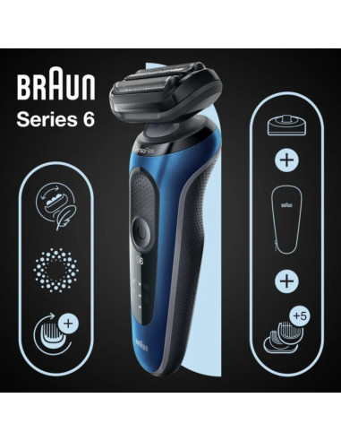 Braun Series 6 61-B4500Cs - Golarka Foliowa - Niebieski - Przyciski - Led - Ładowanie - Zasilanie - Ac/Bateria