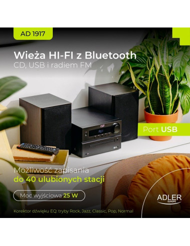 Adler Ad 1917 Wieża Hi-Fi Bluetooth/ Cd/ Usb/ Radio Fm Czarny