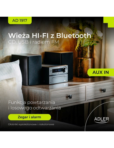 Adler Ad 1917 Wieża Hi-Fi Bluetooth/ Cd/ Usb/ Radio Fm Czarny