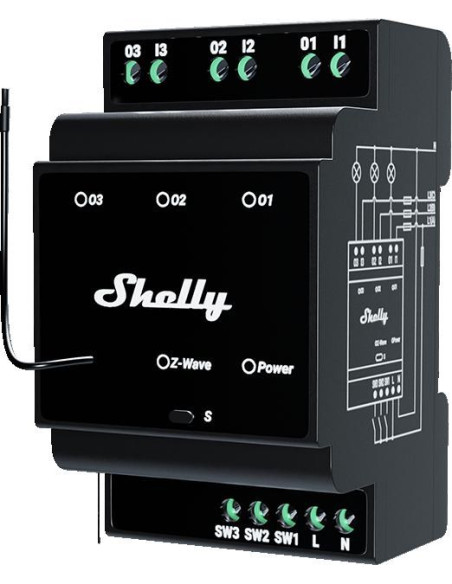 Shelly Qubino Wave Pro 3 3-Kanałowy Przekaźnik Na Szynę Din Z-Wave