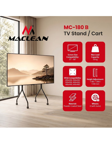 Maclean Stand Pod Tv Stand / Wózek Do Tv Maclean, Na Kółkach, 37-80", Max. Obciążenie 50Kg, Max. Vesa 600X400, Czarny, Mc-180