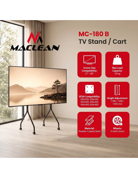 Maclean Stand Pod Tv Stand / Wózek Do Tv Maclean, Na Kółkach, 37-80", Max. Obciążenie 50Kg, Max. Vesa 600X400, Czarny, Mc-180