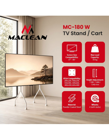 Maclean Stand Pod Tv Stand / Wózek Do Tv Maclean, Na Kółkach, 37-80", Max. Obciążenie 50Kg, Max. Vesa 600X400, Biały, Mc-180