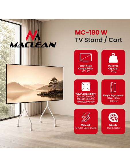Maclean Stand Pod Tv Stand / Wózek Do Tv Maclean, Na Kółkach, 37-80", Max. Obciążenie 50Kg, Max. Vesa 600X400, Biały, Mc-180