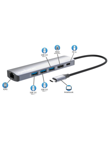 Manhattan 153959 Stacja Dokująca Przewodowa Usb 3.2 Gen 1 (3.1 Gen 1) Type-C Srebrny