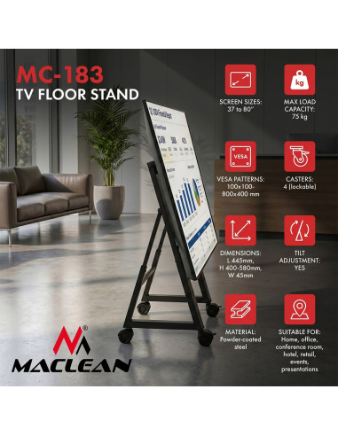 Maclean Wózek / Stojak Podłogowy Do Tv, 37-80", Max. Vesa 800X400, Max. 75Kg, Mobilny, Blokada Kół Mc-183