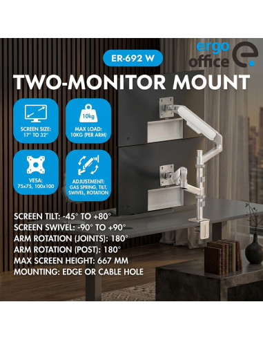 Ergo Office Uchwyt Na 2 Monitory, Sprężyna Gazowa, 17"-32", 1-10Kg, Biały Mat Er-692 W