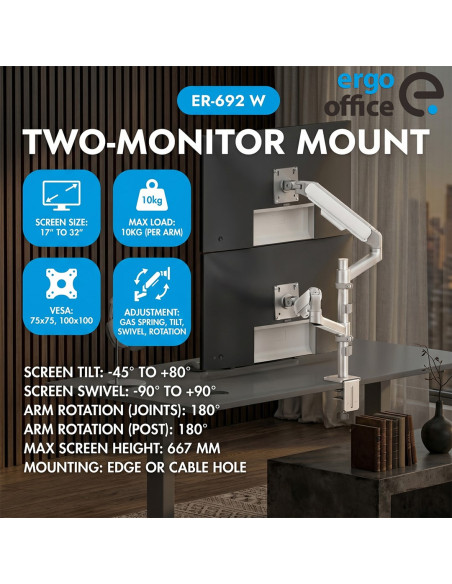 Ergo Office Uchwyt Na 2 Monitory, Sprężyna Gazowa, 17"-32", 1-10Kg, Biały Mat Er-692 W