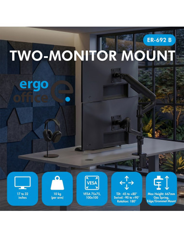 Ergo Office Uchwyt / Wieszak Na 2 Monitory, Sprężyna Gazowa, 17"-32", 1-10Kg, Czarny Mat, Er-692 B