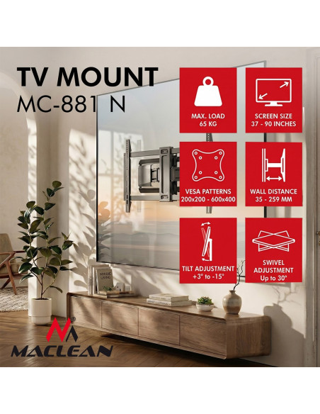 Maclean Uchwyt / Wieszak Do Telewizora, Max. Vesa 600X400, 37-90", Max. Obciążenie 65Kg, Czarny Mc-881 N