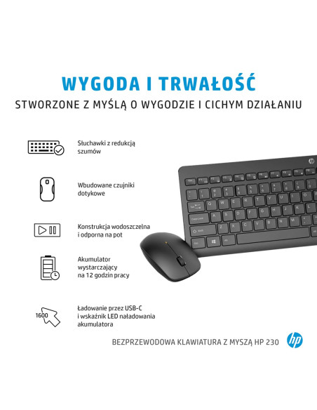 Zestaw Klawiatura + Mysz Hp 230 Wireless Mouse And Keyboard Combo Bezprzewodowe Czarne 18H24Aa Abb
