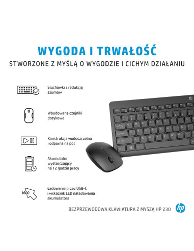 Zestaw Klawiatura + Mysz Hp 230 Wireless Mouse And Keyboard Combo Bezprzewodowe Czarne Niemiecki Układ Klawiszy Qwertz 18H24Aa A